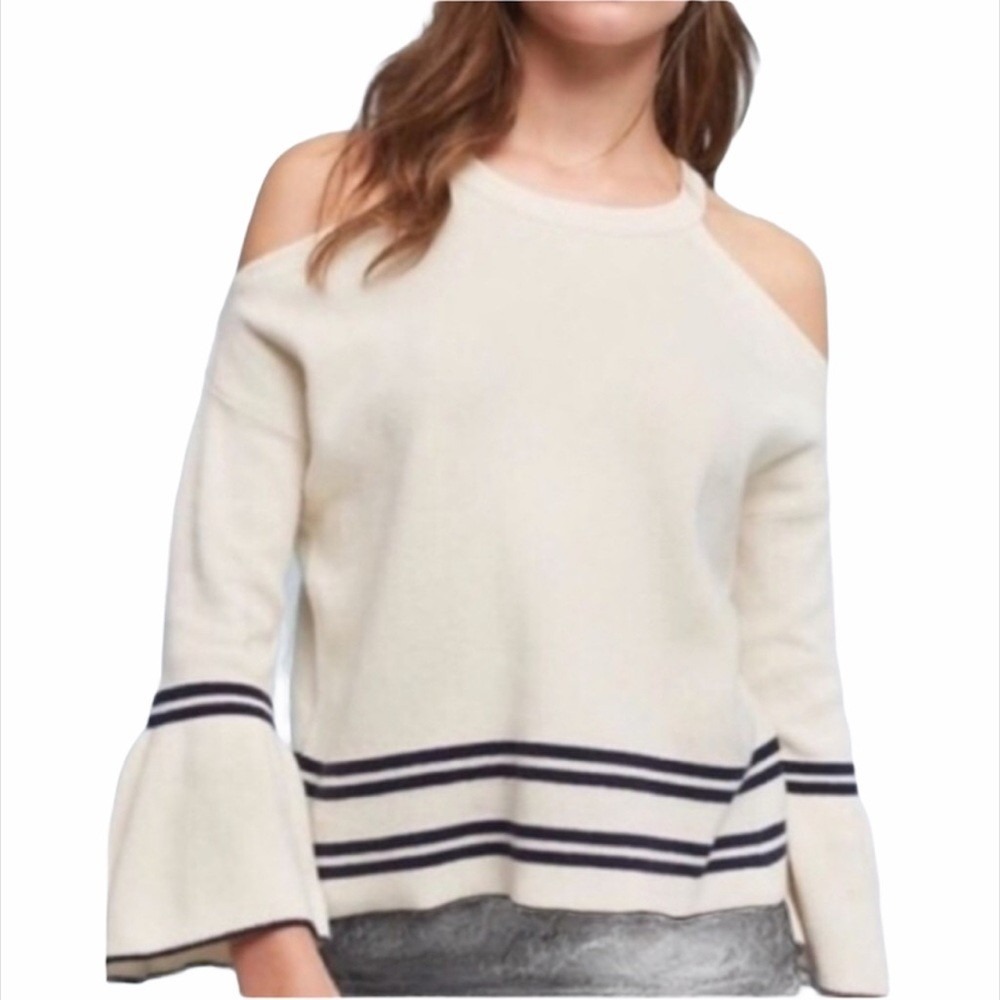 Anthropologie  Knotted Women's M Cream Cold Shoulder Bell Sleeve Sweater Cotton